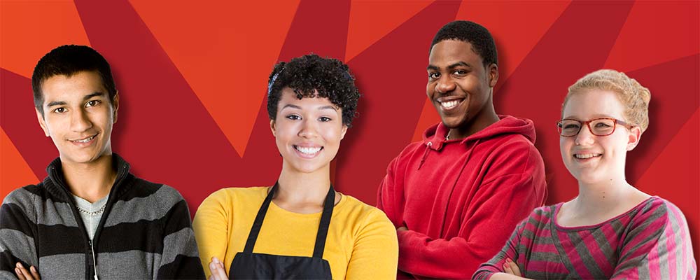 four teens of different ethnicities looking confident in front of a bright red background